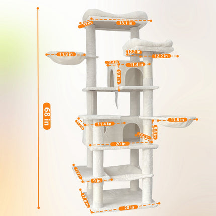 68-Inch Multi-Level Cat Tree Tower with Hammocks & Scratching Posts
