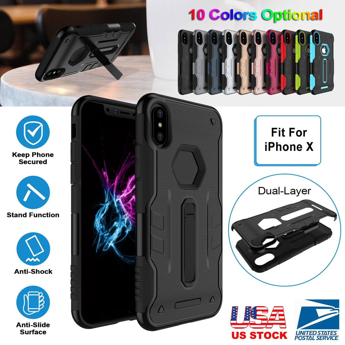 Rugged Phone Case for iPhone X Drop-protection Phone Case with Kickstand Heavy Duty Dual Layers Phone Protective Cover