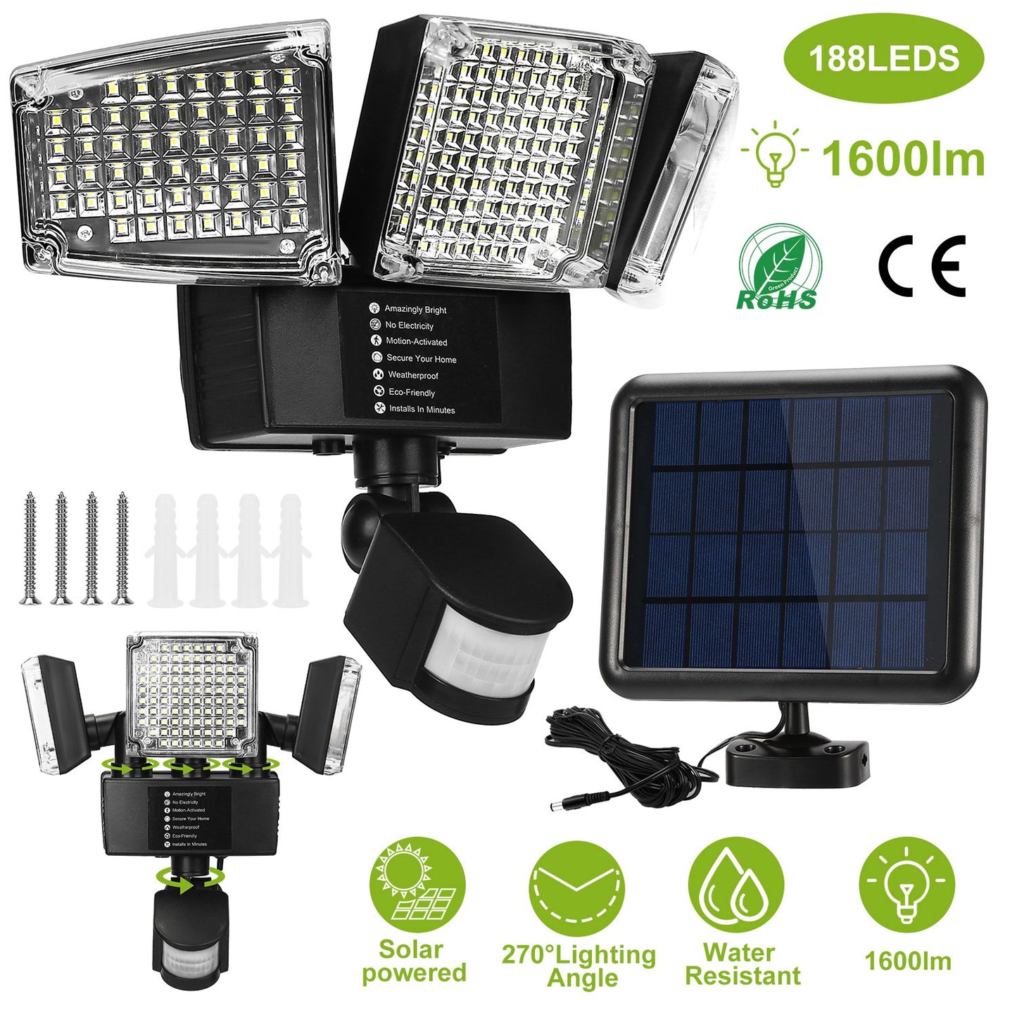 Solar Lights Outdoor 188 LEDs 1600lm Solar Security Lights Motion Sensor Lights 270¡Lighting Angle Waterproof Dusk to Dawn Solar Wall Lights 360¡Rotat