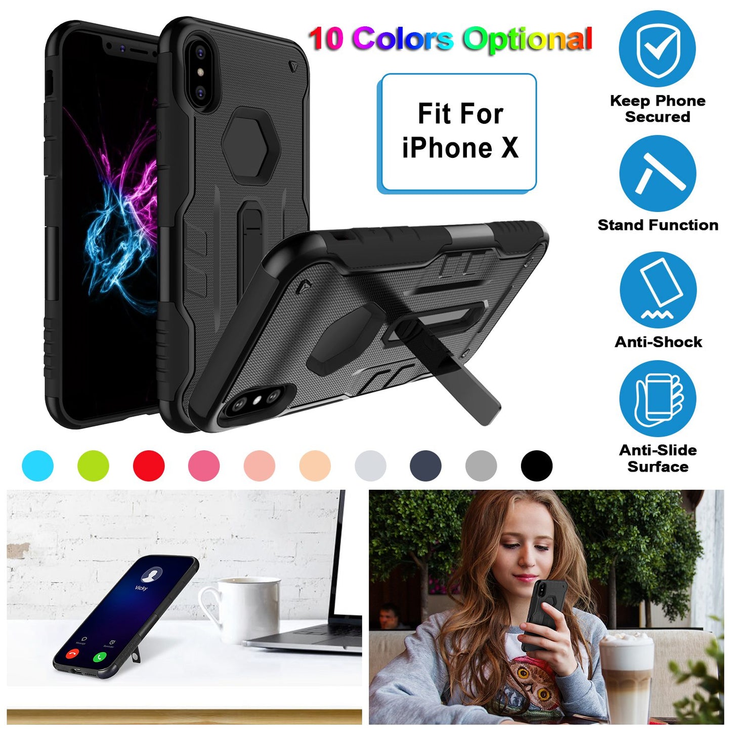 Rugged Phone Case for iPhone X Drop-protection Phone Case with Kickstand Heavy Duty Dual Layers Phone Protective Cover