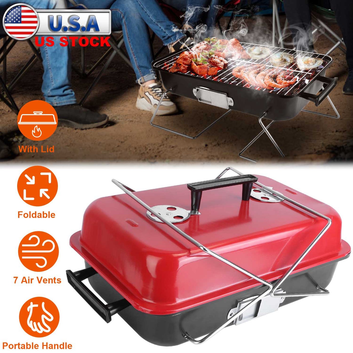 Portable Charcoal Grill OutdoorÊTabletop Grill Small Barbecue Smoker Folding BBQ Grill with Lid for Backyard Camping Picnics Beach