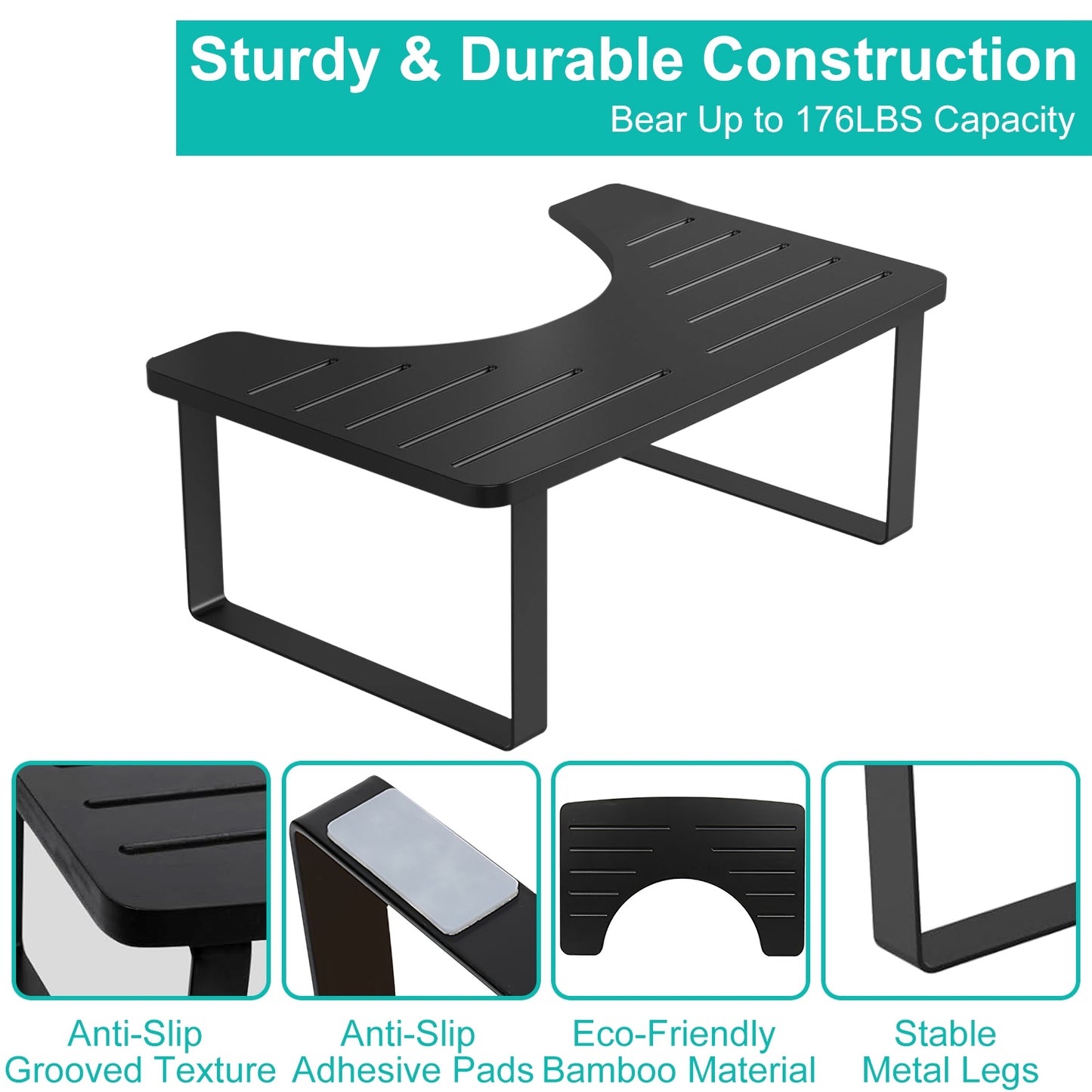 Wooden Metal Potty Stool 6.69in in Height Bathroom Toilet Stool for Adult Children Rustproof Anti-Slip Poop Stool Black
