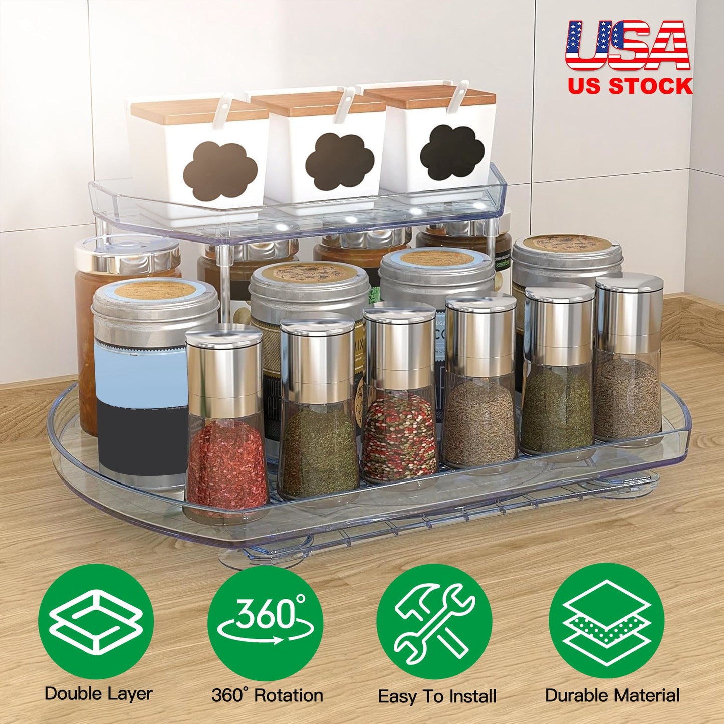 2 Tier Turntable Organizer Rectangular Refrigerator Spinner Storage Rack with 360¡ Rotatable Slide Rail for Kitchen Cabinet Countertop