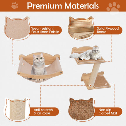 Cat Wall Furniture Set of 4 with Hammock 2-step Cat Tree and Perch-Natural