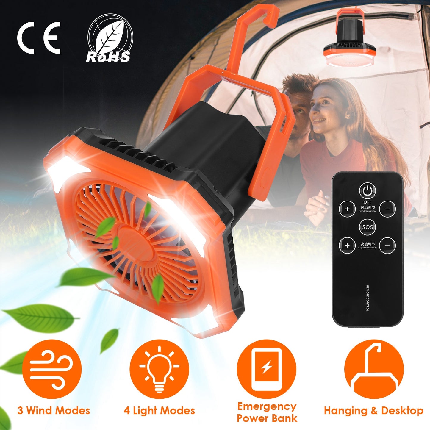 Portable Camping Lantern Fan 10000mAh Battery Powered Hanging Fan USB Rechargeable Tent Fan with 4 Light Modes 3 Wind Modes Emergency Power Bank Remot