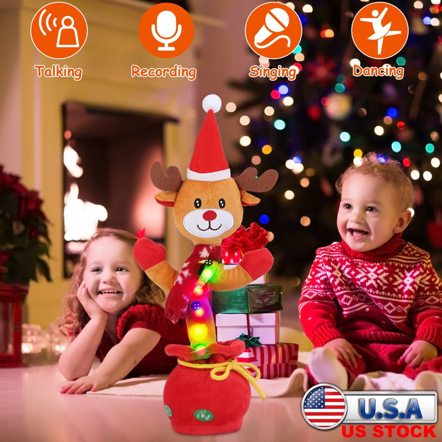 Kid Electric Dance Toy Christmas Elk Snowman Senior Penguin Plush Toy Interactive Sing Song Whirling Mimicking Recording Light up Toy