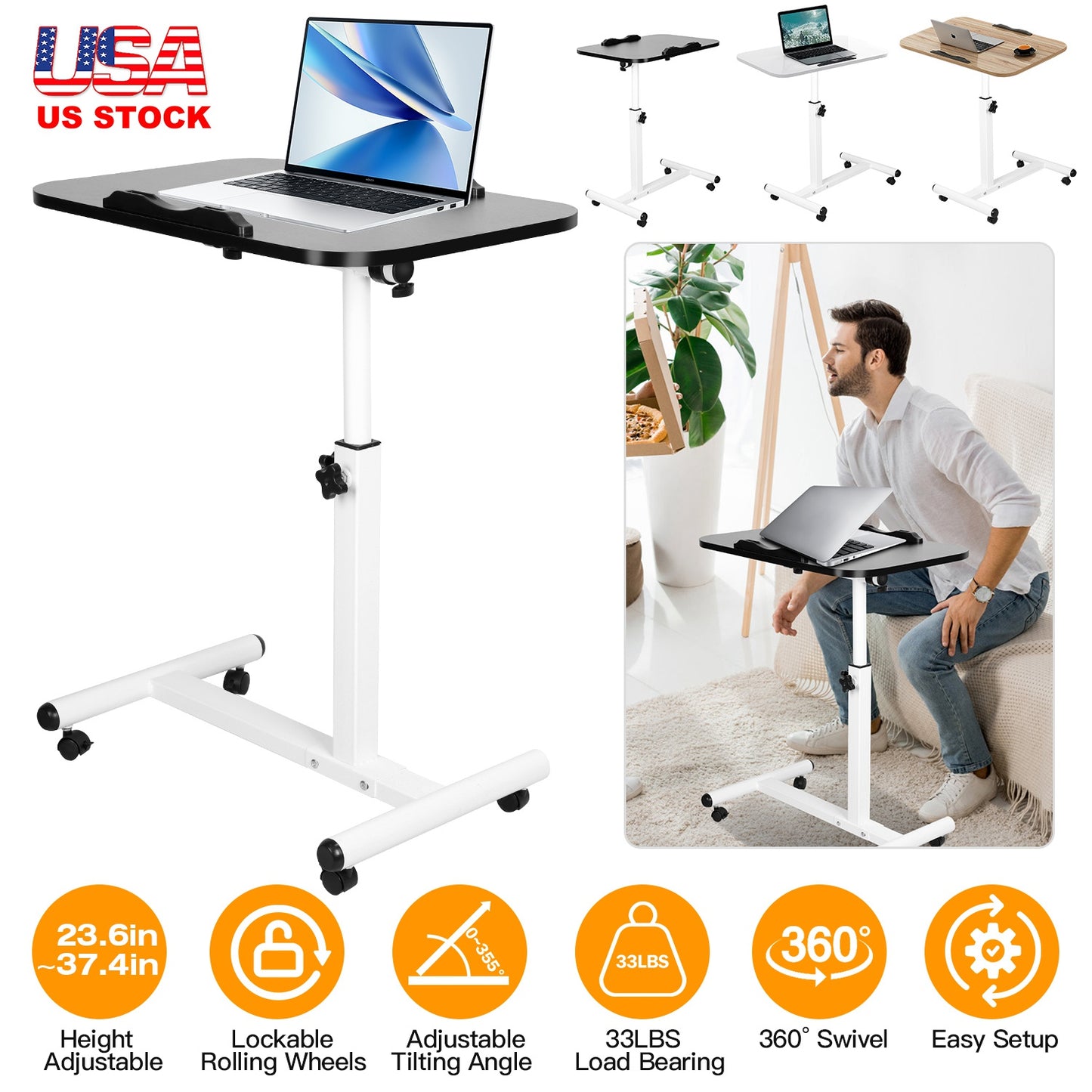 Rolling Laptop Table Portable Computer Desk Movable Table with Adjustable Height Tilting Angle