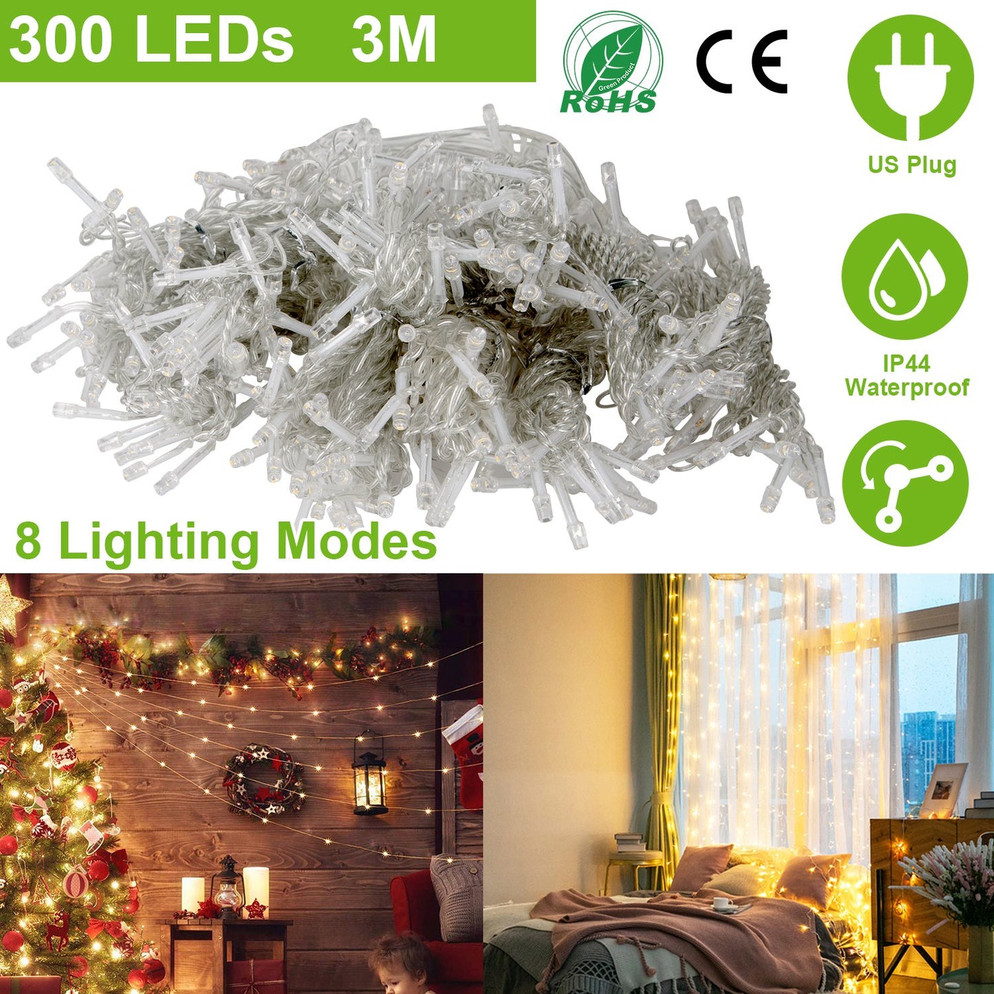 3M 300 LEDs String Curtain Light IP44 String Fairy Lights Party Xmas Decor Lamps W/ Remote