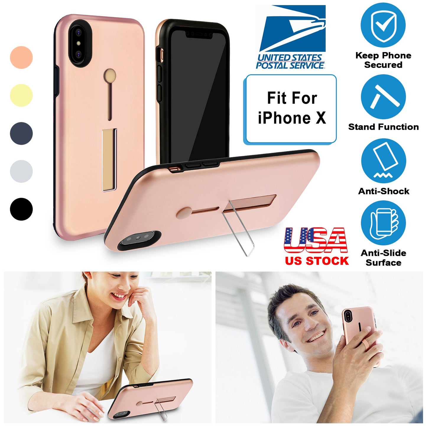 Finger Strap Phone Case for iPhone X Drop-protection Finger Ring Rugged Phone Case with Kickstand Dual Layer Case