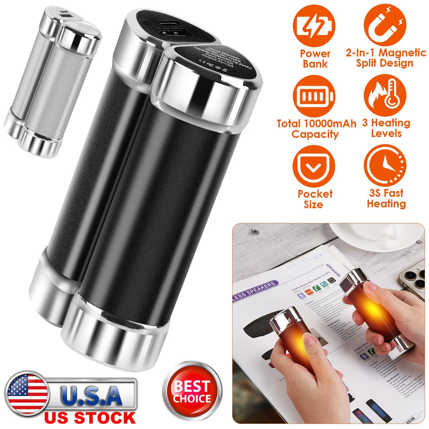2 Packs 10000mAh Split-Magnetic Handwarmers 2 in 1 Portable Electric Pocket Heater Power Bank Portable Charger with 3 Heating Levels  for Camping Hunt