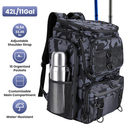 Fishing Backpack 42L with Rod Holders & 16 Pockets