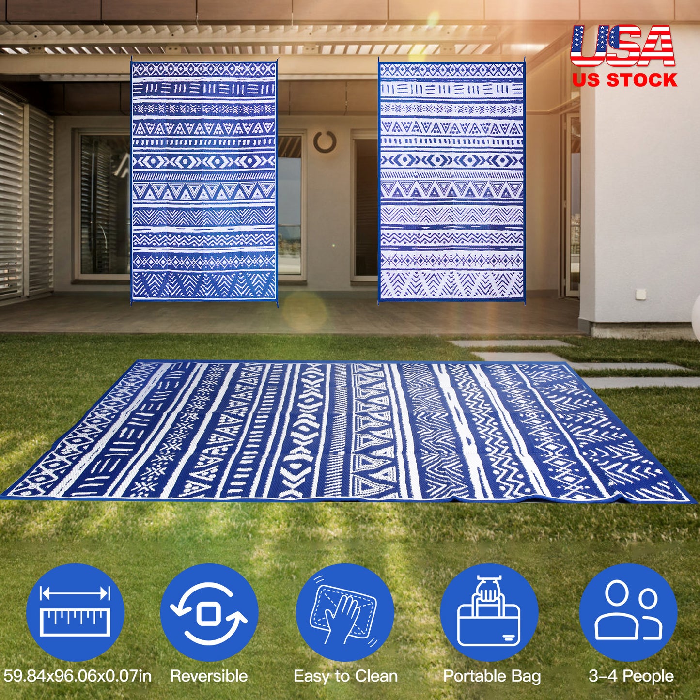 4.98x8FT Reversible Outdoor Rug Waterproof Mat with Storage Bag Portable Plastic Carpet Indoor Outdoor Activity for Picnic Patio Deck RV Trip Blue & W