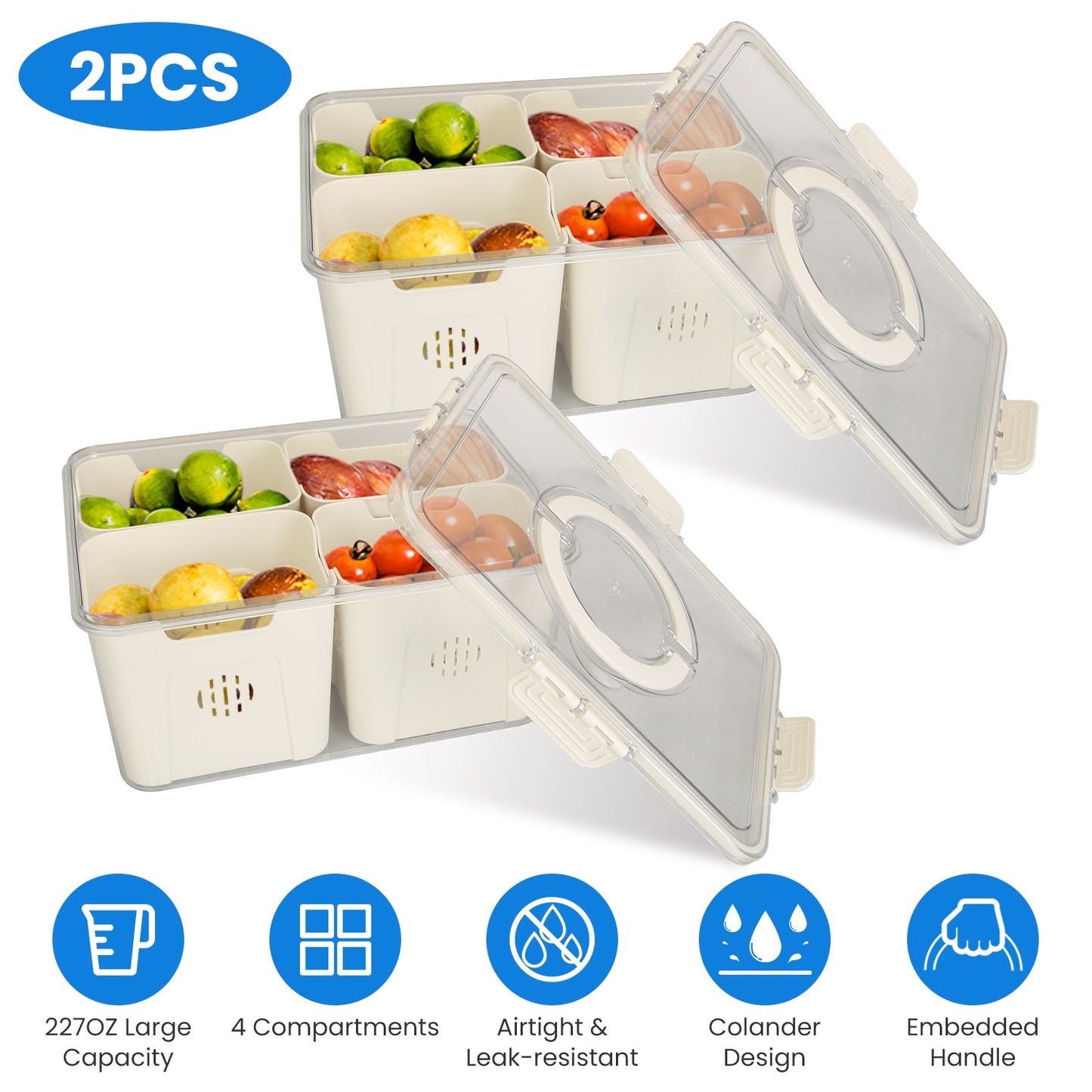 2Pack Airtight Fruit Storage Containers 4-Compartment Food Storage Containers Fruit Vegetable Organizers with 8 Removable Colanders for Fridge Picnic