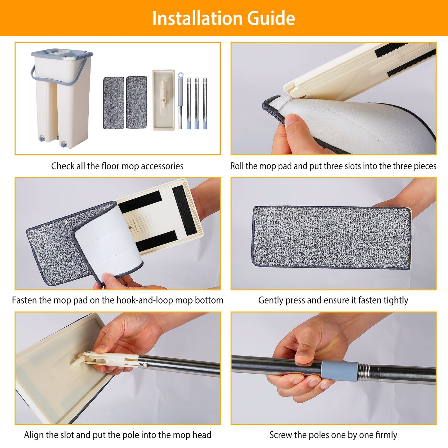 Flat Floor Mop Bucket Set Self Cleaning Wet Dry Usage with 2Pcs Reusable MicrofiberÊMop Pads