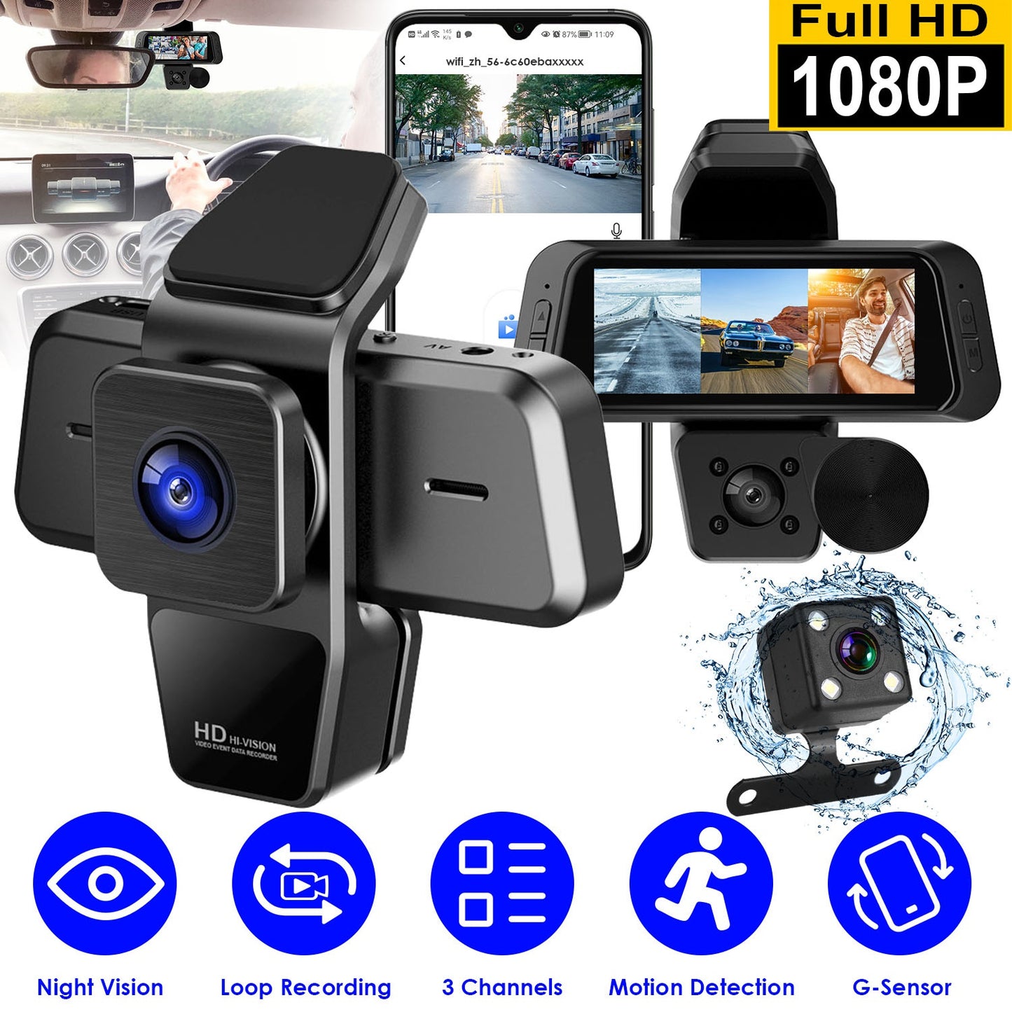1080P FHD 3 Channel WiFi Dash Cam 170¡ Wide Angle Triple Car Camera With IR Night G-Sensor Motion Detection Loop Recording App Control Support 128G Ma