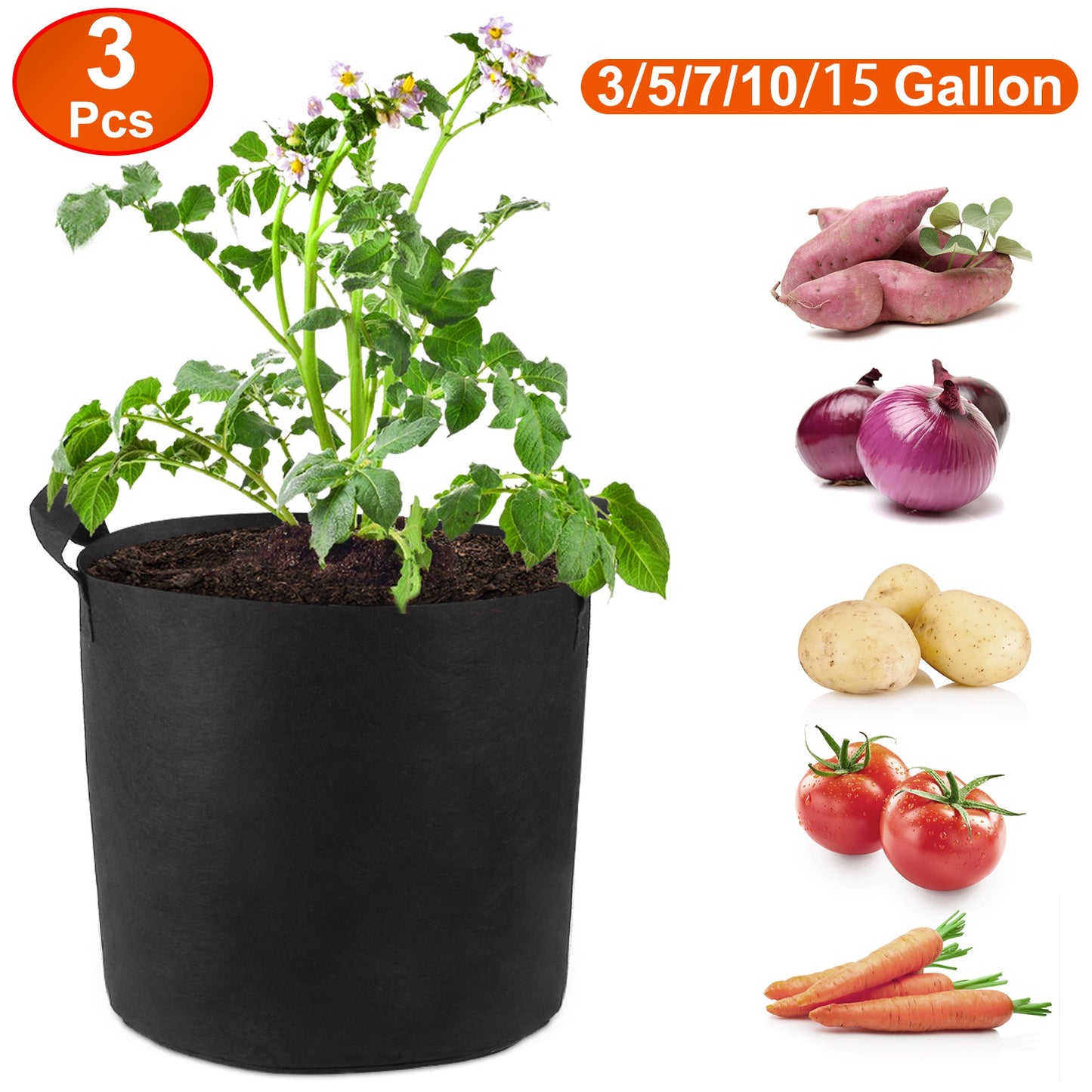 3 Pack Plant Grow Bags Potato Vegetable Planter Bags Breathable Planting Fabric Pots 7Gallons