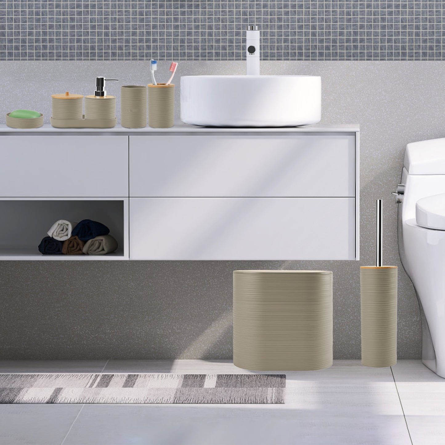 8Pcs Bathroom Accessories Set Bathroom Holder Set with Soap Dispenser Toothbrush Holder Cup Soap Dish Toilet Cleaning Brush Trash Can Qtip Holder Vani