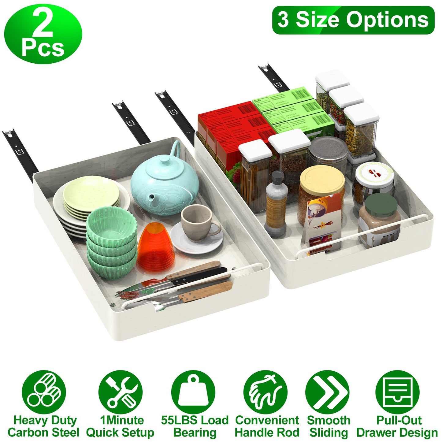 2Pcs Pull Out Cabinet Organizers Sliding Shelf Spice Rack Carbon Steel Roll Out Drawers Fixed with Adhesive Nano Film with Handle 55LBS Max Load