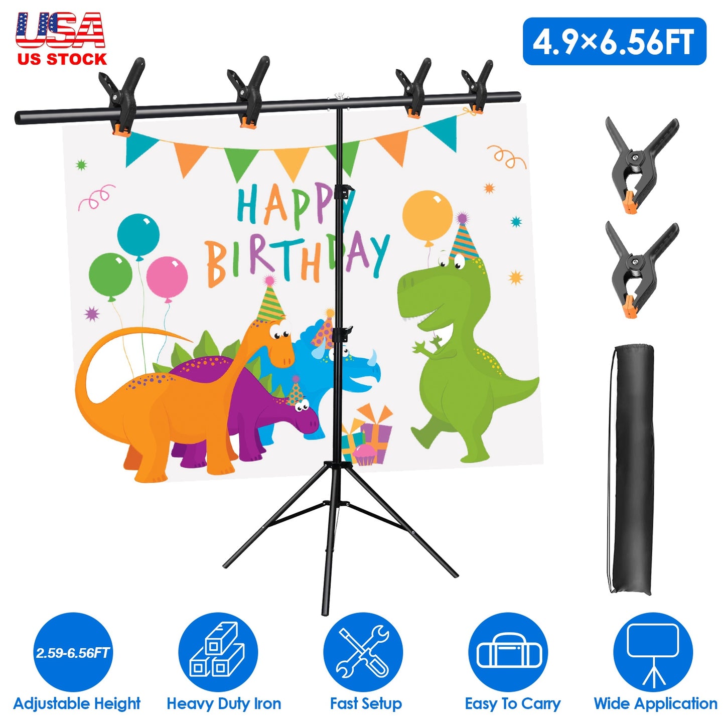 5 6.5FT T-Shape Photo Video Backdrop Stand Heavy Duty Background Stand Adjustable Photography Backdrop Stand with 6 Spring Clamps Sandbag Carry Bag fo