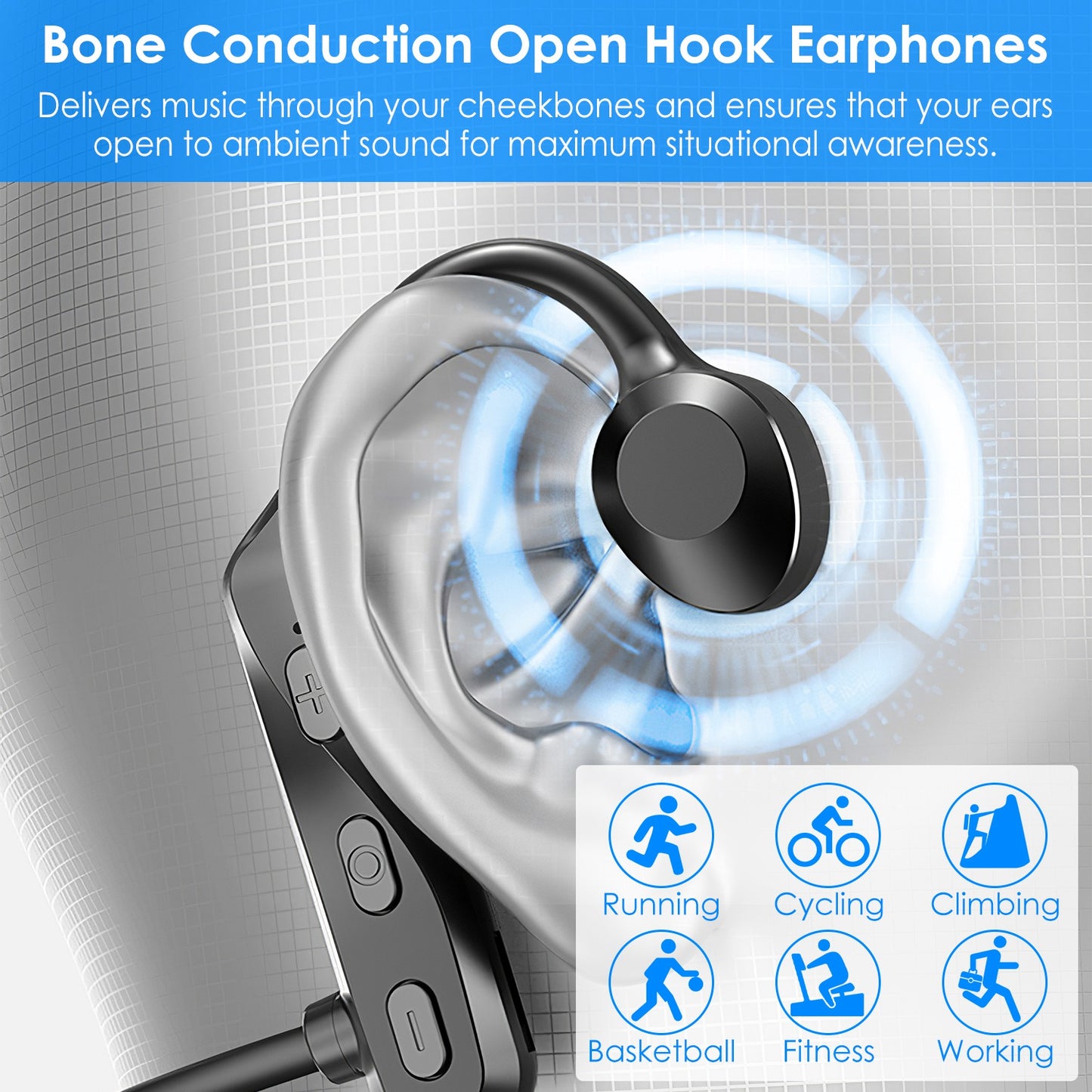 IPX5 Waterproof Wireless V5.1 Bone Conduction Earphones Open-Ear Wireless Headsets Music Sport Wireless Open Hook Earphone with Sensitive Mic For Busi