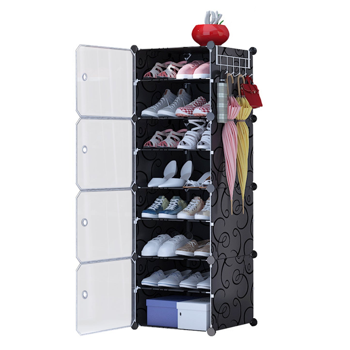 8-Tier Shoe Rack Organizer Stackable Free Standing Shoe Storage Shelf Plastic Shoe Cabinet Tower with Transparent Doors for Heels Boots Slippers Entry