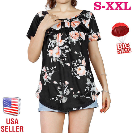 Women Summer Shirts Tops Loose Short Sleeve T Shirts Casual Floral Printed Button Shirts Blouse S-XXL
