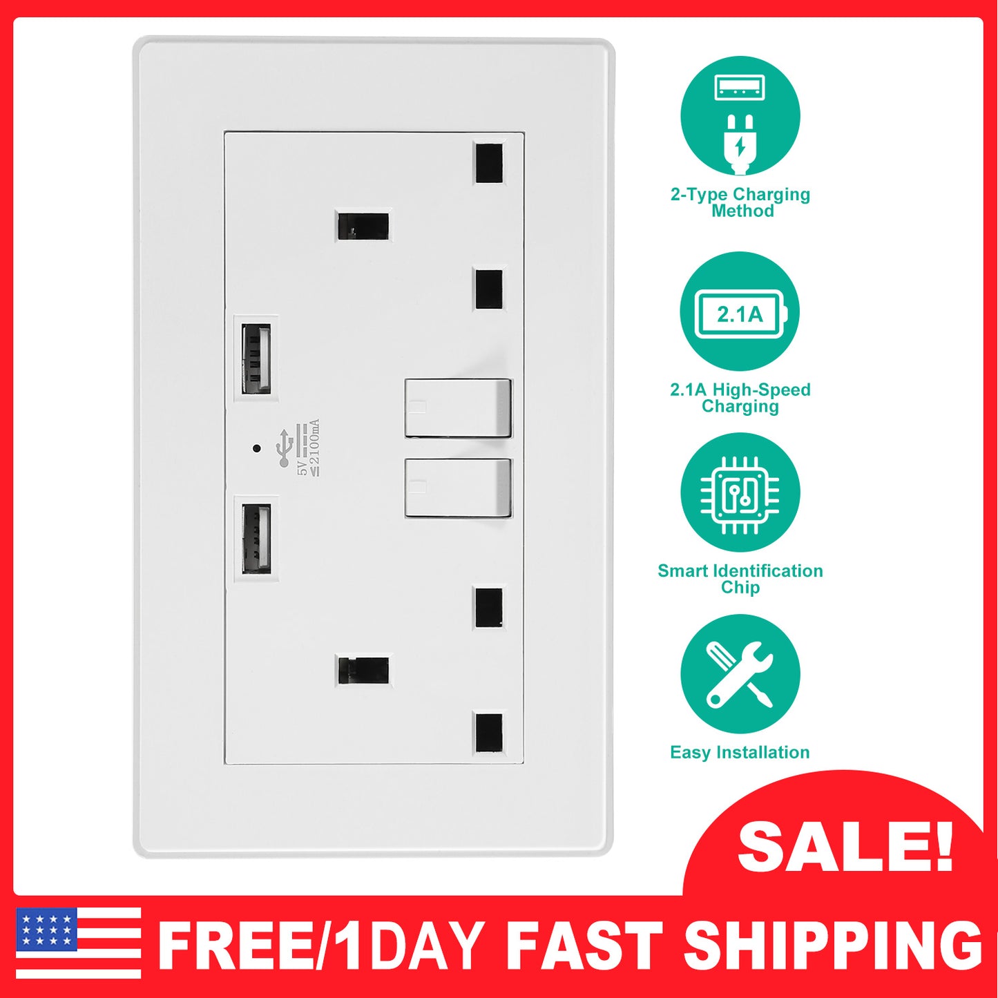 UK Wall Outlet Dual Wall Plug Socket Duplex 2.1A USB Wall Charger with Plug Switch Light Indicator