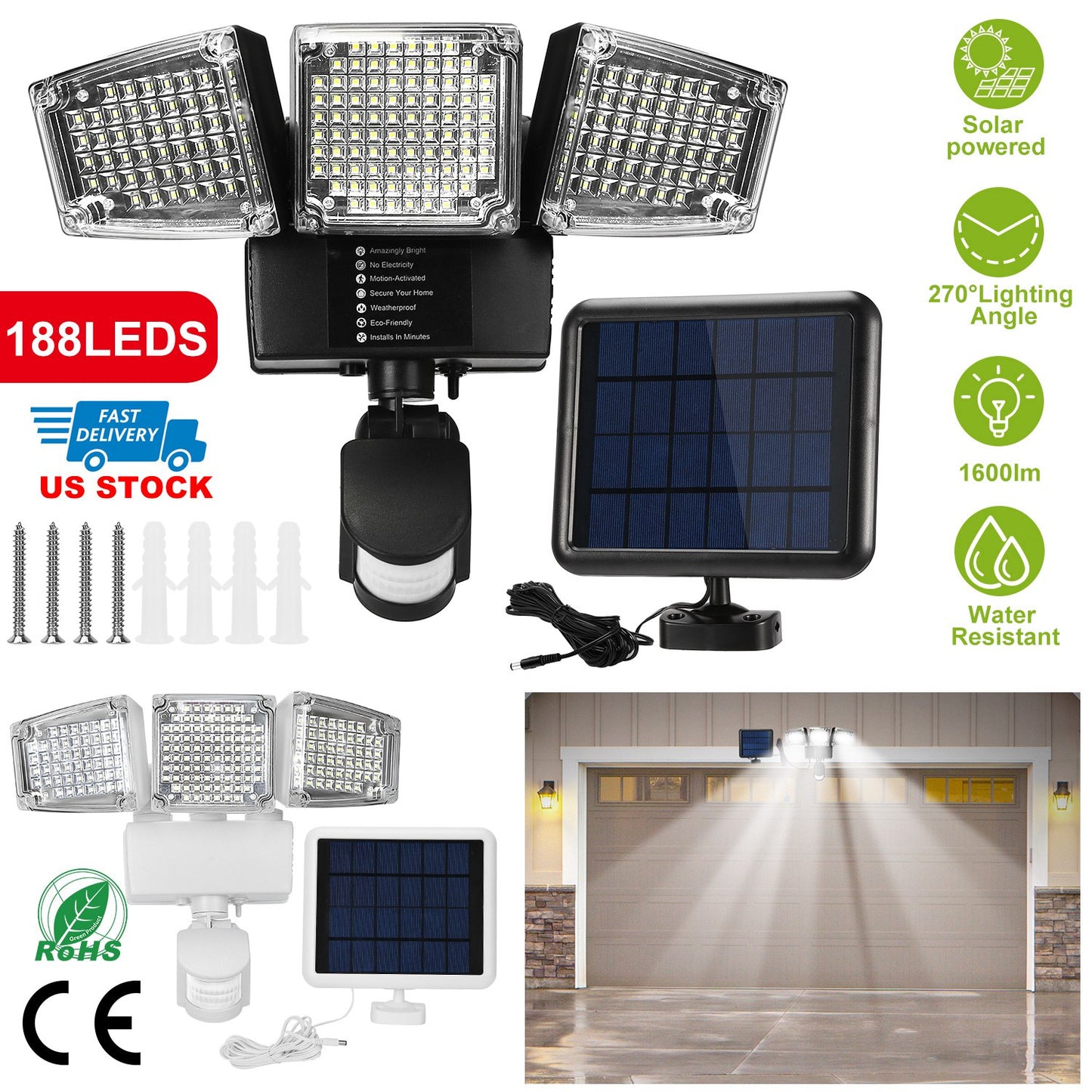 Solar Lights Outdoor 188 LEDs 1600lm Solar Security Lights Motion Sensor Lights 270¡Lighting Angle Waterproof Dusk to Dawn Solar Wall Lights 360¡Rotat