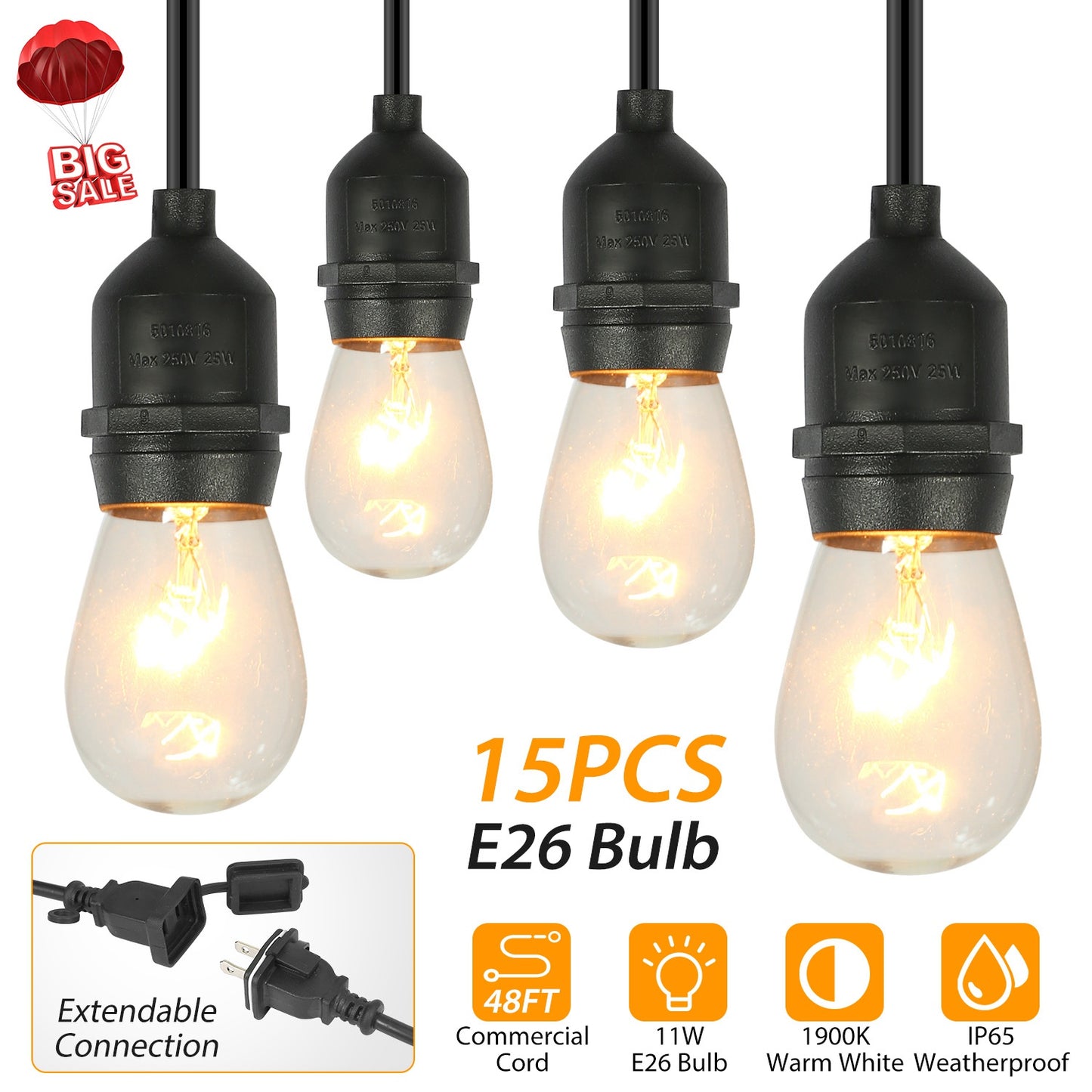 48FT Outdoor String Light Waterproof Patio String Lights Bulbs Commercial Yard Lights Garden Ambience