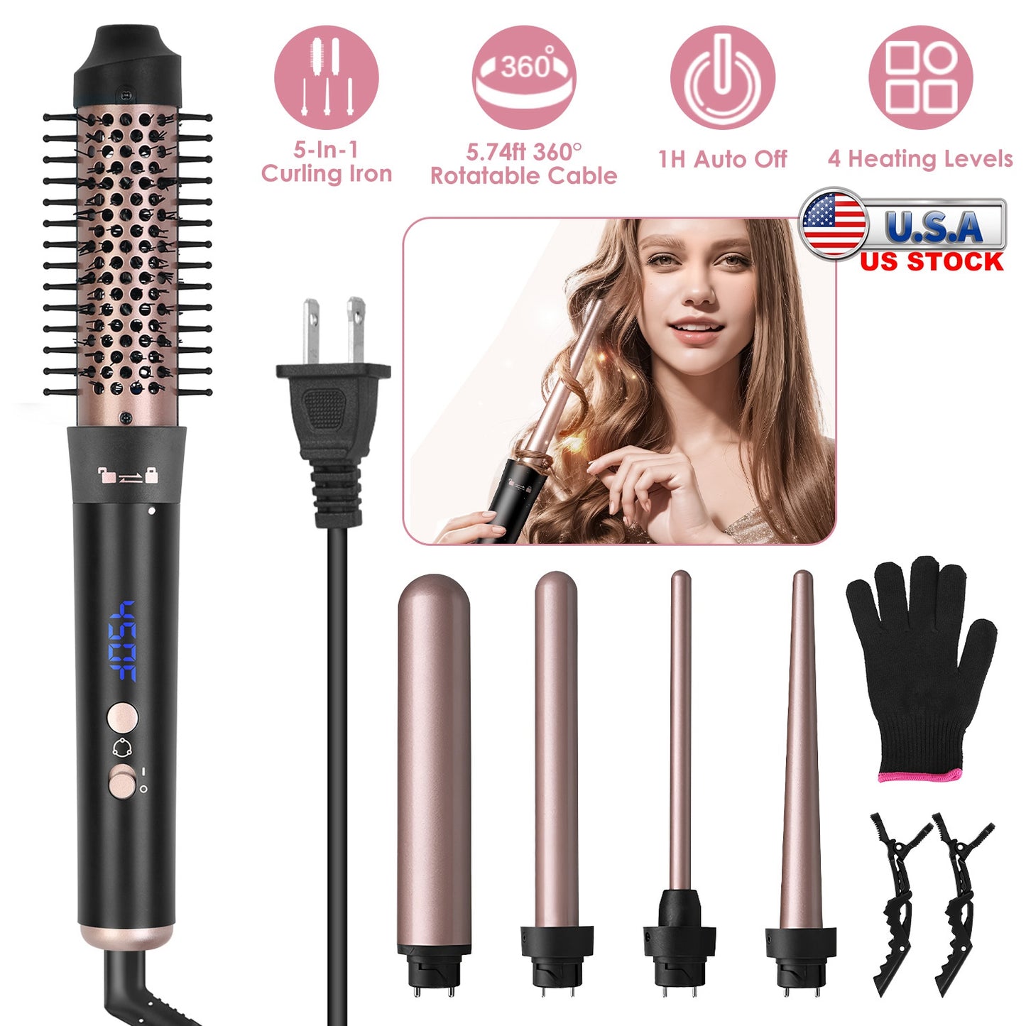 5 in 1 Curling Wand Hair Curling Iron Brush Anti-Tangle HairÊThermal Brush Curler with 4 Heating Levels 360¡ Rotatable Cable 5 Interchangeable Barrels