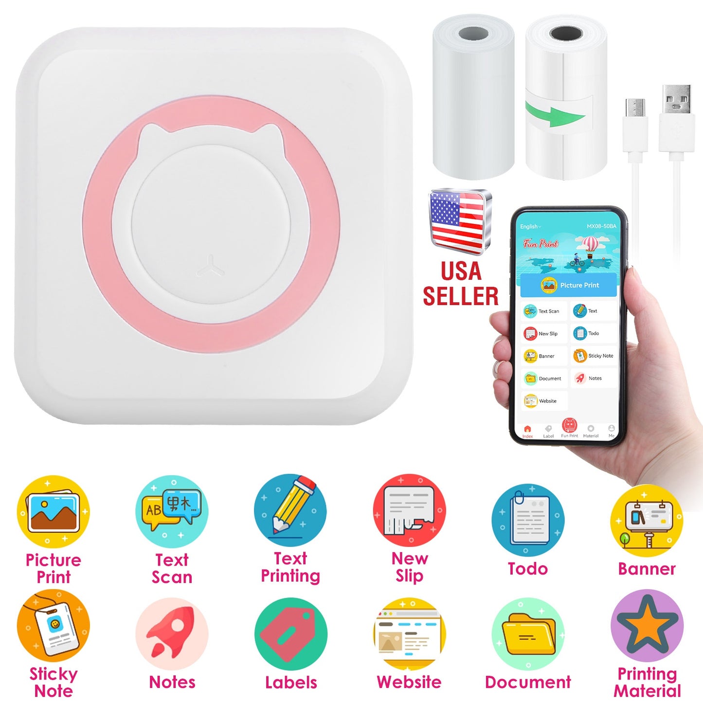 Pocket Wireless Thermal Printer Portable Mini Sticker Maker Machine Rechargeable Inkless Photo PrinterÊfor Printing Label Journal Study Notes Memo Pho