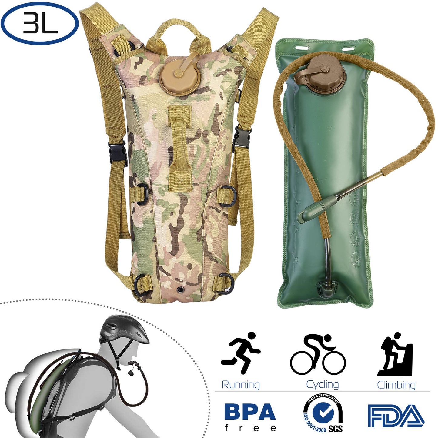 Tactical Hydration Pack 3L Water Bladder Adjustable Water Drink Backpack for Hiking Cycling Climbing Running