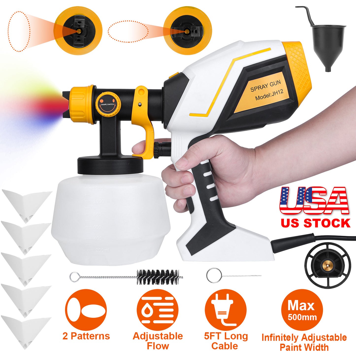 Electric Paint Sprayer HVLP Spray Painting Gun Handheld Painter with Different Spray Patterns 1200ML Detachable Container Flow/Length/Width Adjustable