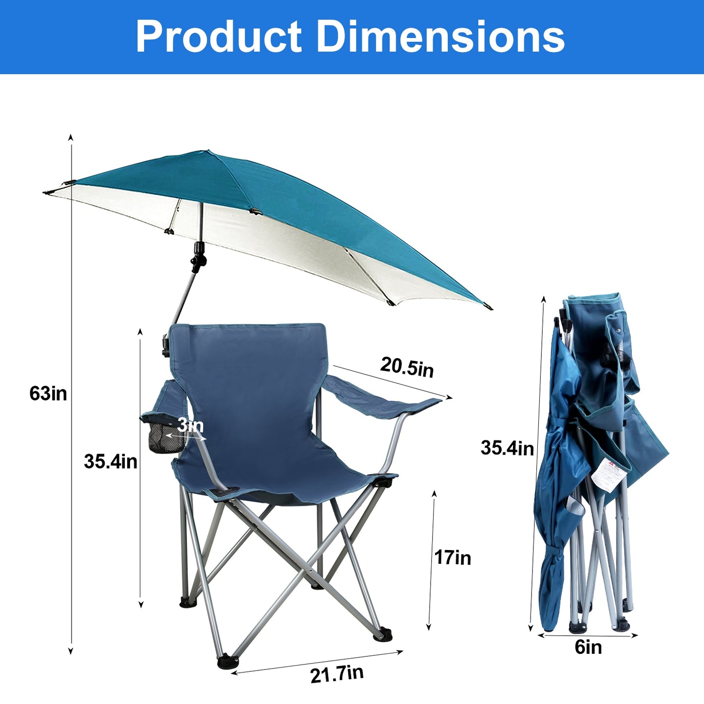 Foldable Beach Chair with Detachable Umbrella Armrest Adjustable Canopy Stool with Cup Holder Carry Bag for Camping Poolside Travel Picnic Lawn Chair