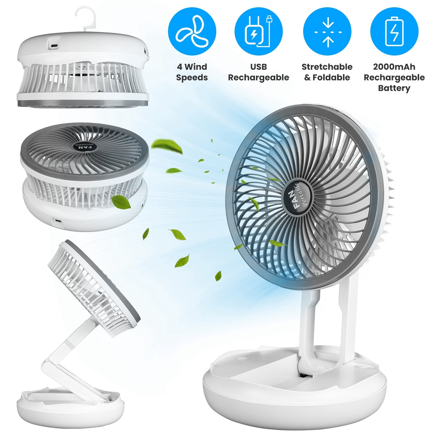 All in 1 Folding Desk Fan USB Desk Fan Small Stretchable Fan with 4 Wind Speeds Hanging Desktop Wall Mounted for Bedroom Dormitory Office Travel Campi
