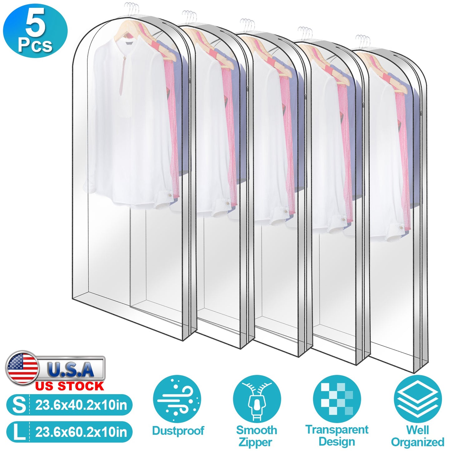 5 Pack 60In Garment Bag for Hanging Clothes Dustproof Waterproof Hanging Clothes Storage Bag Clear Transparent Suits Cover for Sweater Jacket Coat Dre