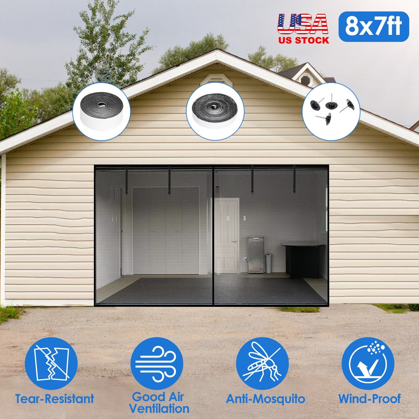 8x7FT Magnetic Garage Door Screen Single-Car Garage Screen Mesh Fiberglass Garage Net with Magnetic Closure 4 Buckle Straps for One Cars