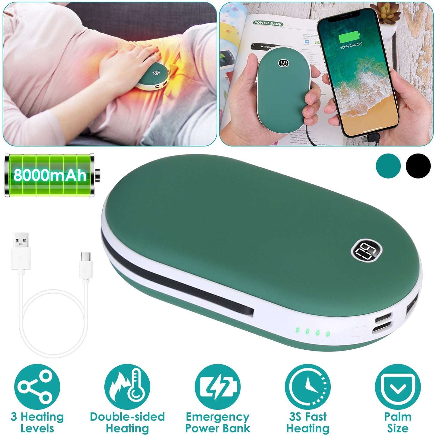 8000mAh 2 In 1 Electric Hand Warmer Rechargeable Hand Heater Portable Pocket Warmer with Power Bank 3 Heating Levels Digital Display Double-sided Heat