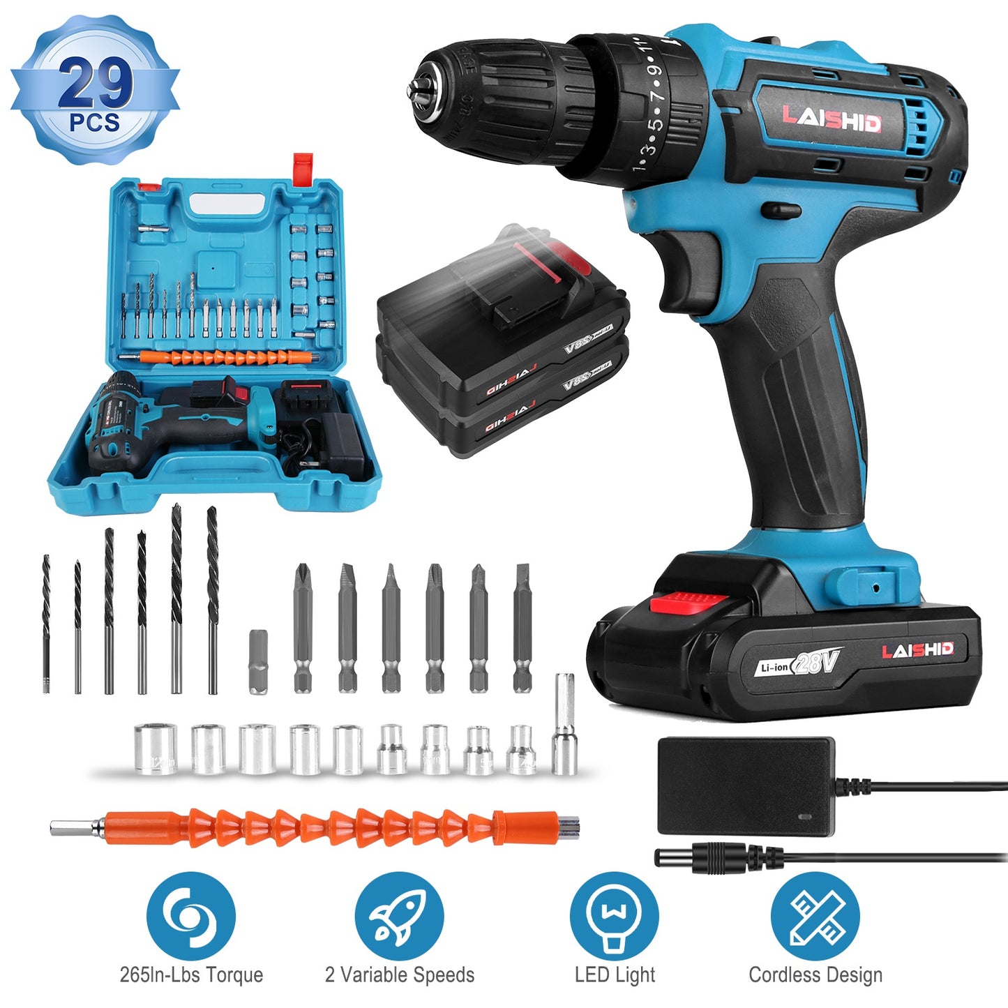 Cordless Drill Set With 2Pcs 28V Batteries and Charger 2 Variable Speeds 3/8In Keyless Chuck 265ln-lbs 25+3 Torque Positions Included 24Pcs Drill Bits