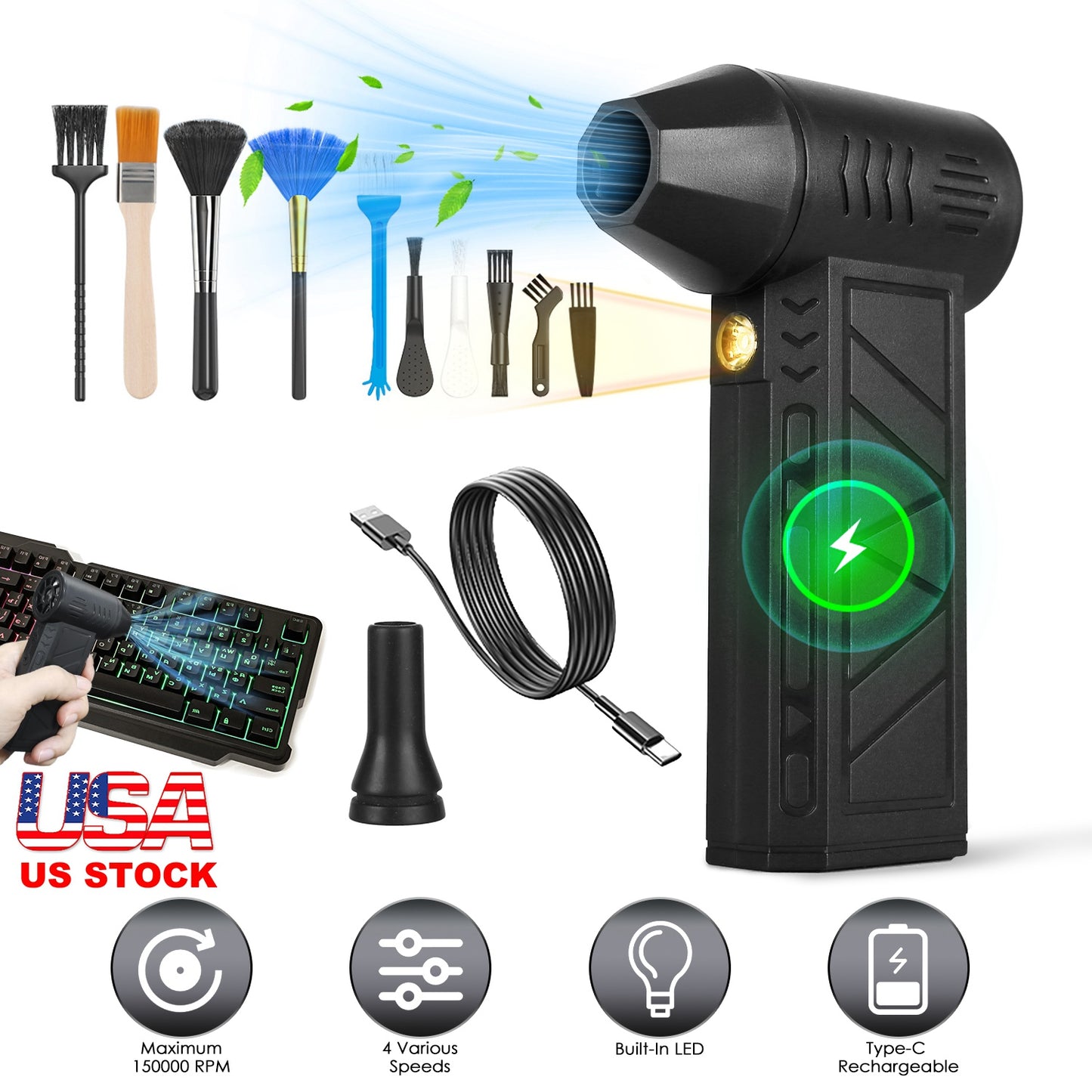 Compressed Air Duster with LED Light Up to 150000RPM Speed for PC Keyboard Cleaning High Speed Rechargeable Cordless Air Blower with 4 Speeds for Home