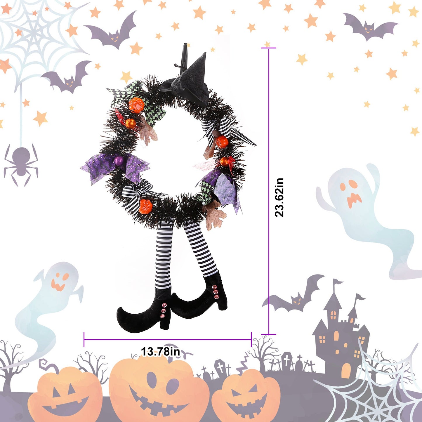Halloween Witch Wreath Pumpkin Door Decorations Artificial Party Hanging Handmade Wreath Garland with Hat Legs for Front Door Indoor Wall Decoration
