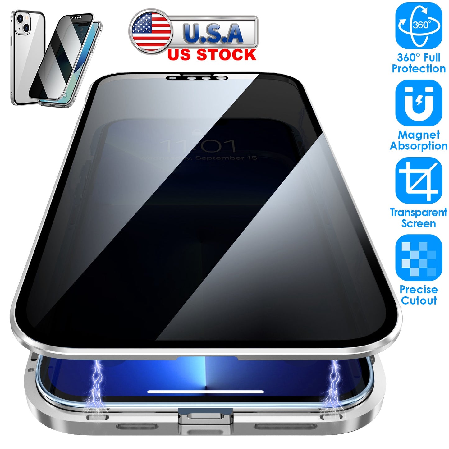 Privacy Magnetic Phone Case 360¡ Full Protection Anti Spy Phone Cover Double Sided Tempered Glass Magnet Absorption Fit for IOS Phone 12Pro Max