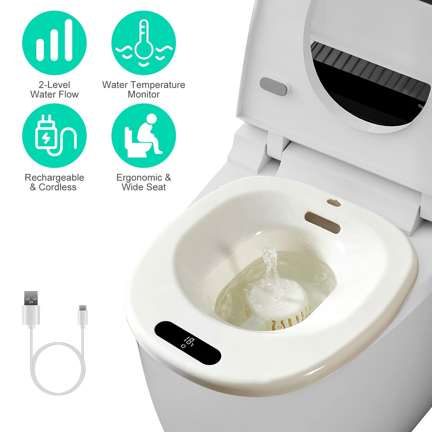 Electric Sitz Bath Tub Sits Bath Soak Pan Salts BowlÊPostpartum Care Basin for Toilet Seat with 2-Level Water Flow Water Temperature DisplayÊ1500mAh B