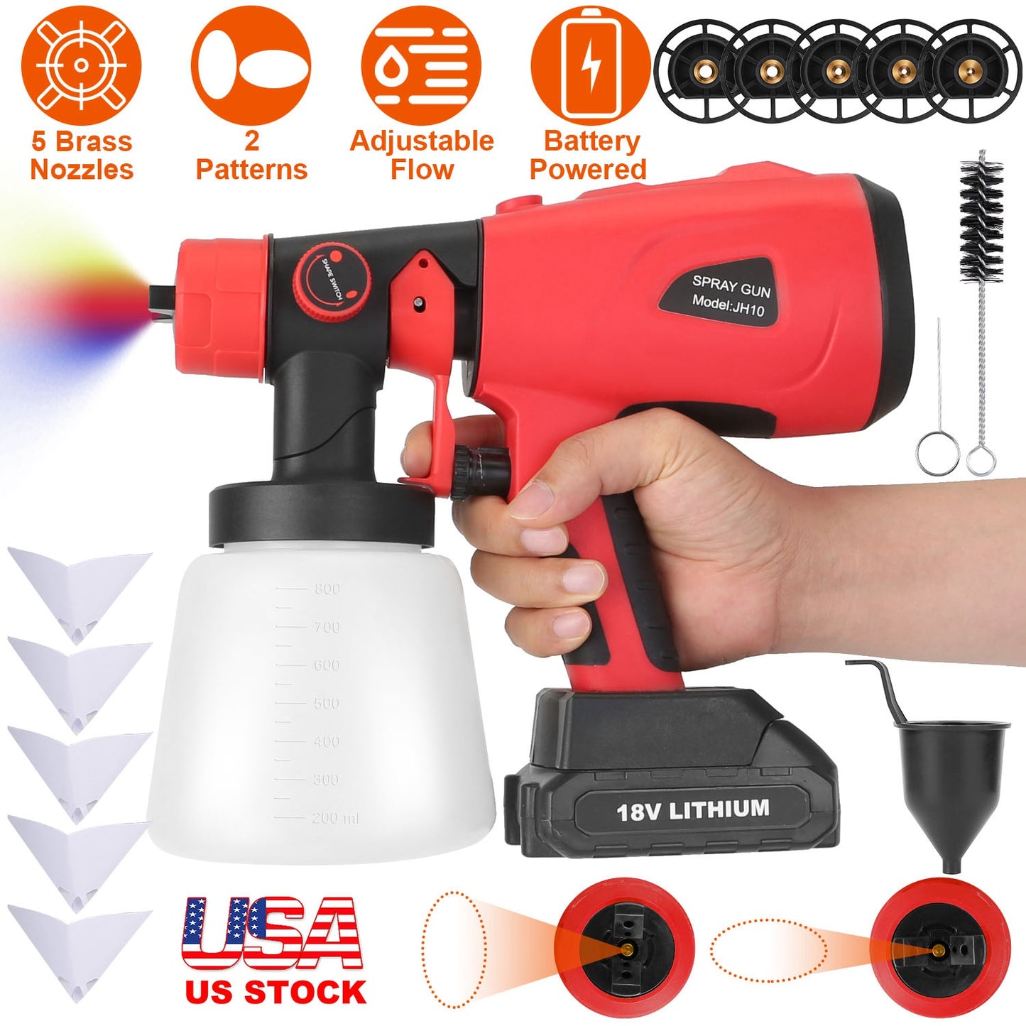 Portable Battery Powered ElectricÊPaint SprayerÊHVLP Spray Painting Gun Handheld Painter with 2 Spray Patterns 5 Nozzles 800ML Detachable Cup Flow Adj
