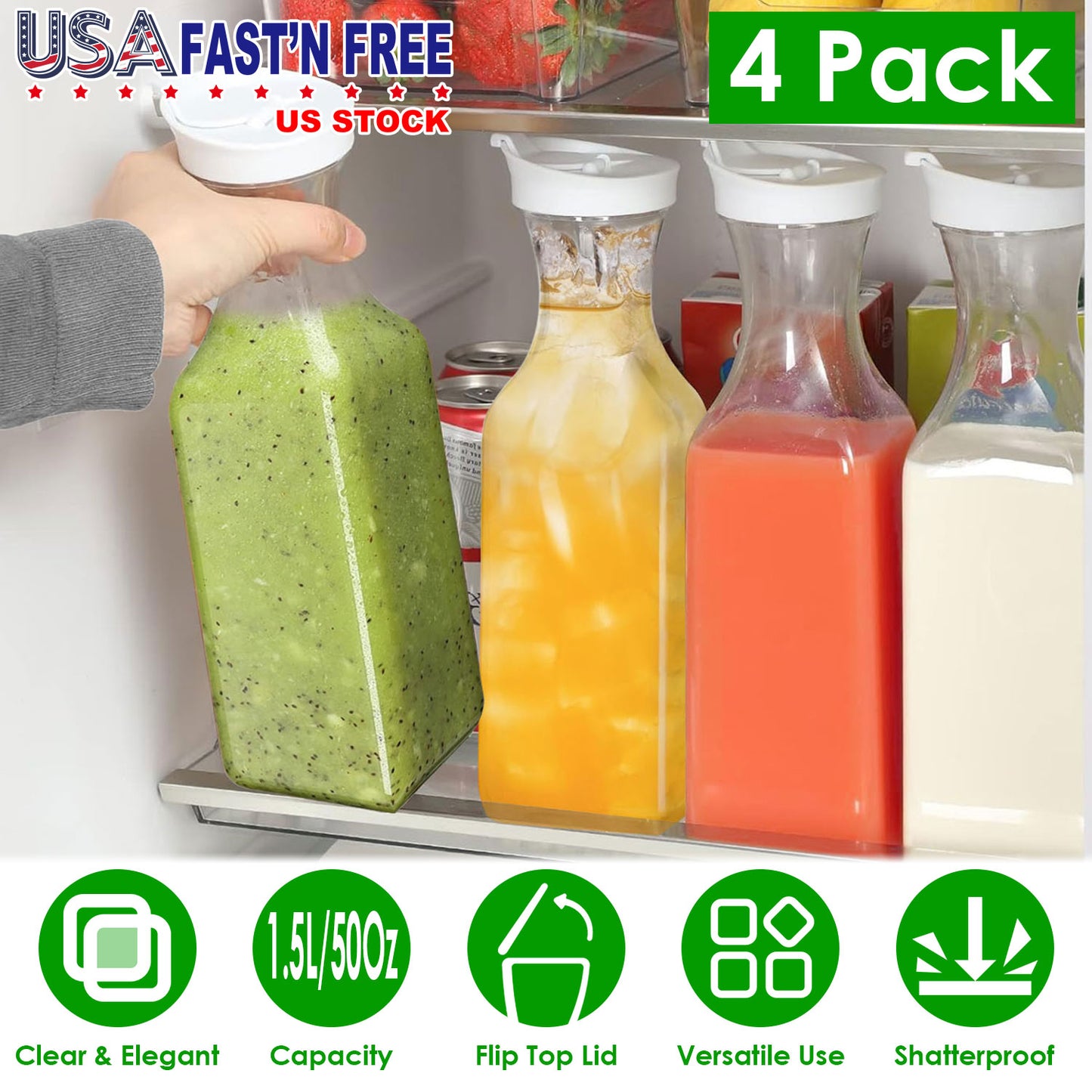4 Pack 50Oz Water Carafes with Flip Top Lids Square Juice Containers for Fridge Plastic Clear Pitchers for Water Iced Tea Juice Lemonade Milk Cold Bre