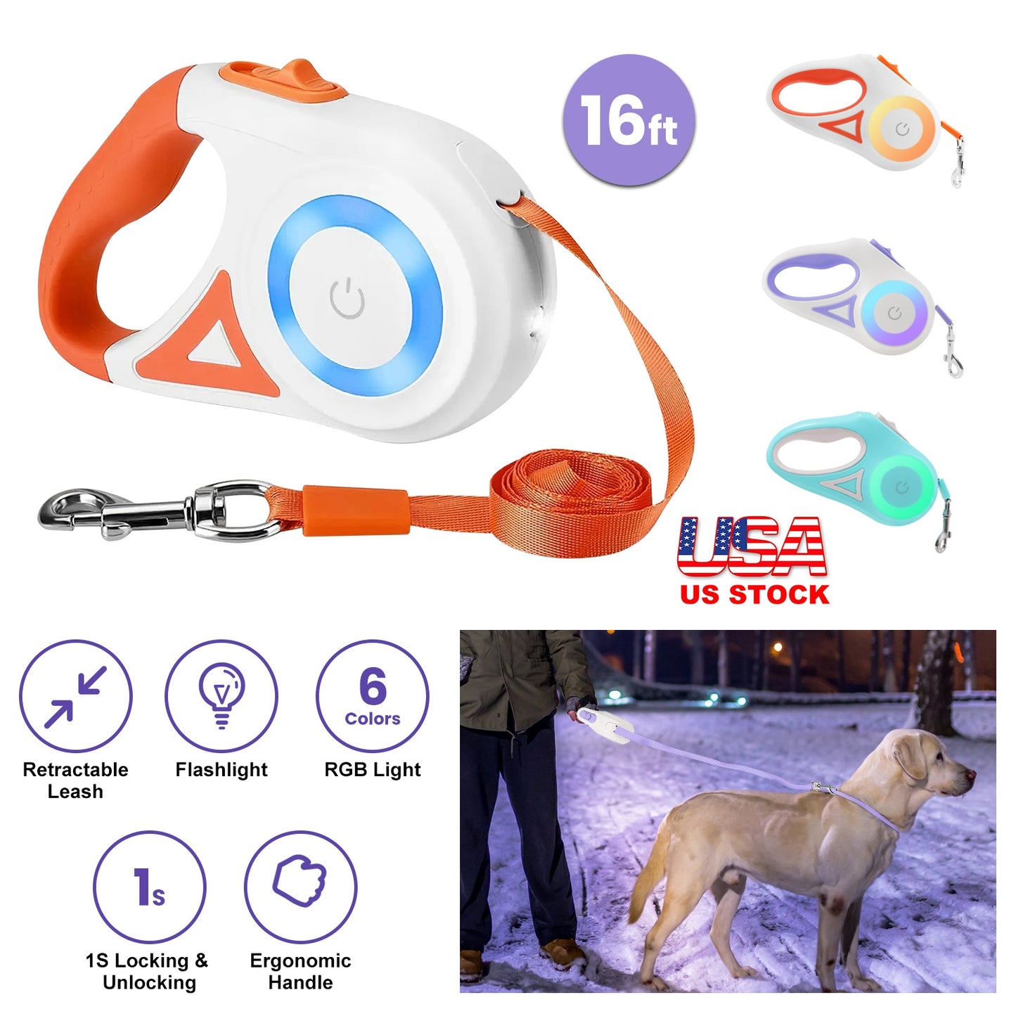 16FT Retractable Dog Leash Extendable Pet Leash Dog Walking Leash with Flashlight RGB Light 2 Rolls of Waste Bags Dispenser Fit for 66-110lbs
