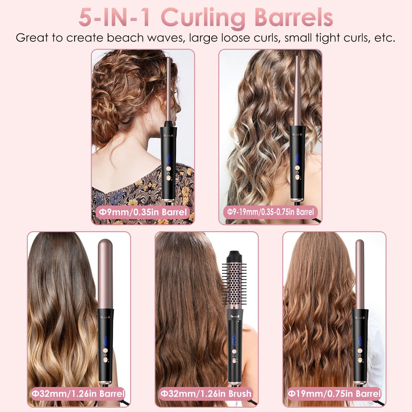 5 in 1 Curling Wand Hair Curling Iron Brush Hair Thermal Brush Curler with 4 Heating Levels 360¡ Rotatable Cable 5 Interchangeable Barrels 2 Clips Lea