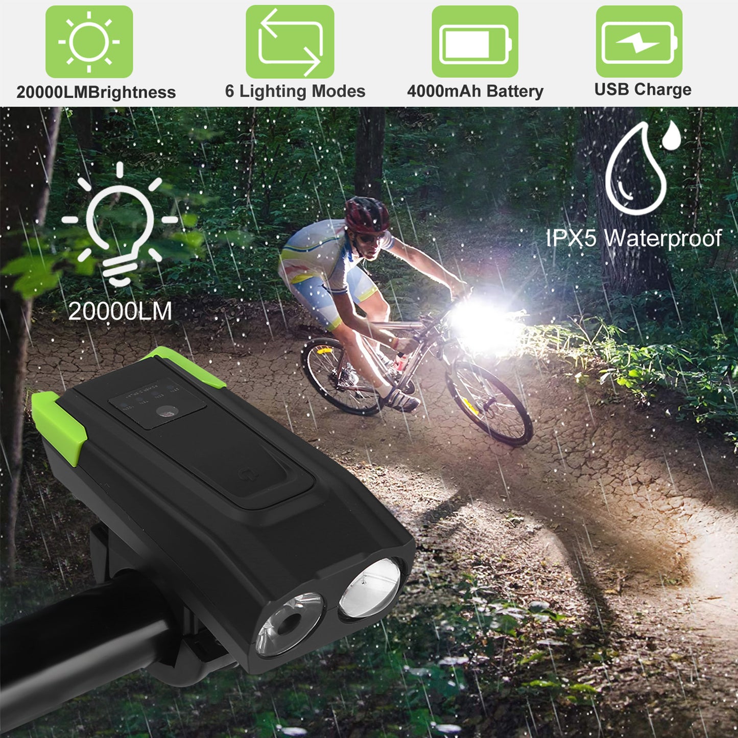 20000LM Bike Front Lights Set Bicycle Headlights w/120dB Loud Horn IPX5 Water-Resistant 4000mAh USB Rechargeable for Night Riding