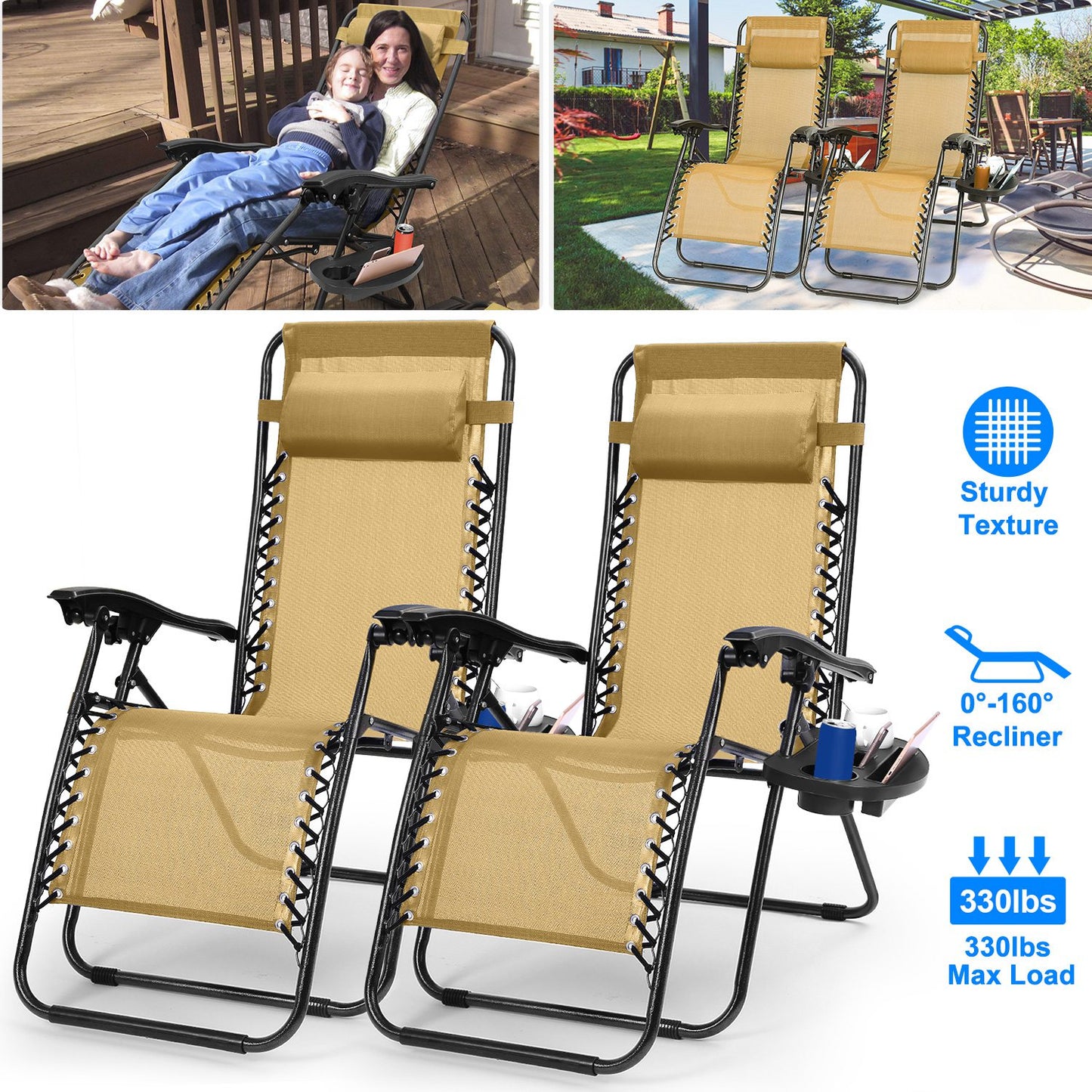 2Packs Zero Gravity Lounge Chair w/ Dual Side Tray 330lbs Load Foldable Recliner Chair w/ Stress Relief Pillow Patio Poolside Beach Lying Chair