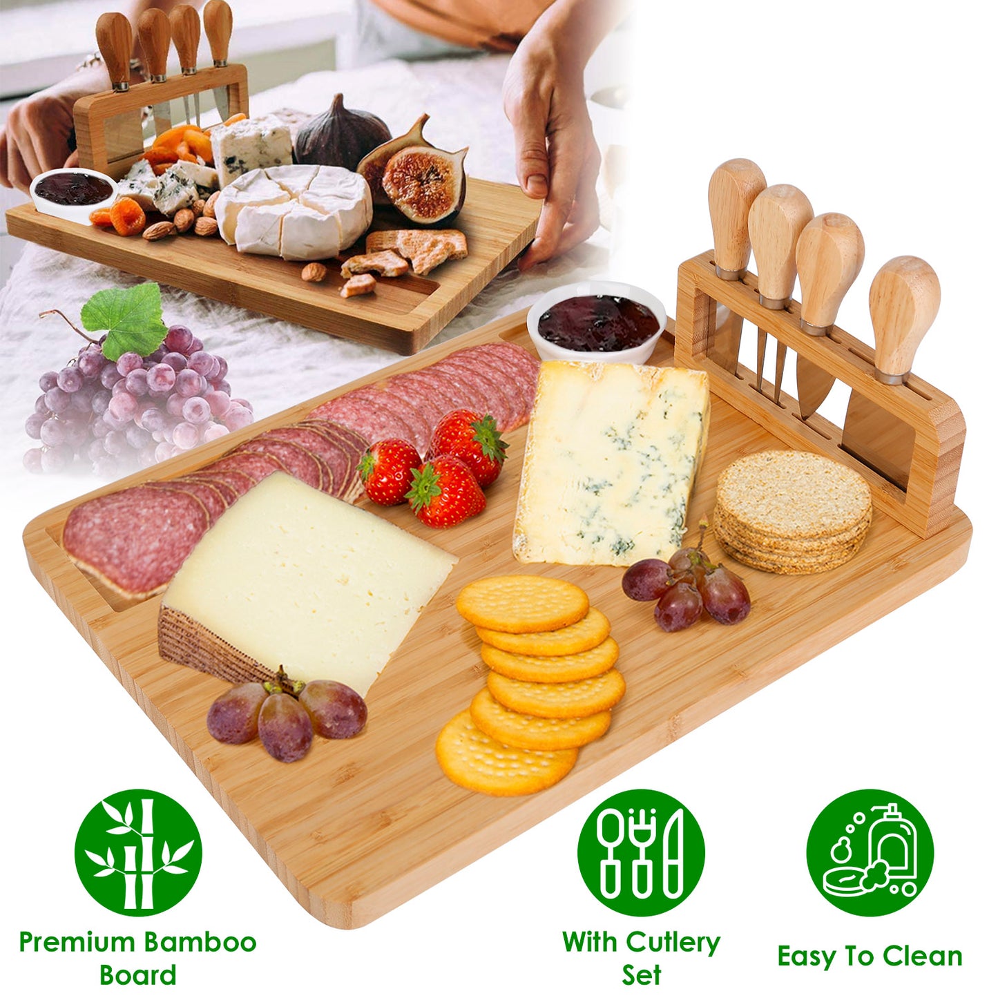 Bamboo Cheese Board Charcuterie Cheese Platter Board Serving Tray with Cutlery Set for Wedding Birthdays Christmas